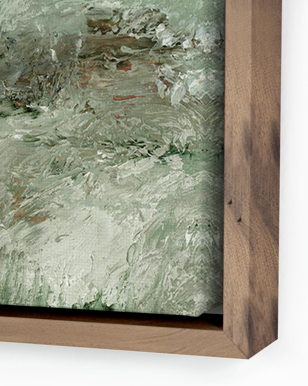 Close-up of Morning Cottage by Dan Hobday—a textured abstract landscape painting in green and white tones, with visible brushstrokes and partial wooden framing on the right and bottom; ideal for gallery wall decor.