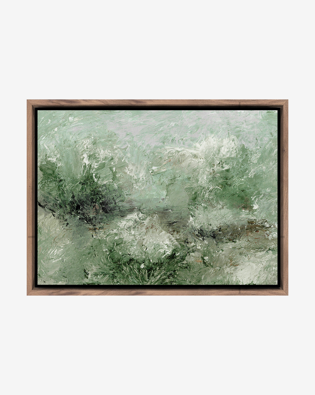 “Morning Cottage” by Dan Hobday is an abstract landscape painting with textured brushstrokes in green and white, evoking a misty, lush scene. Framed in light wood, this rural wall art stands out against a white background.