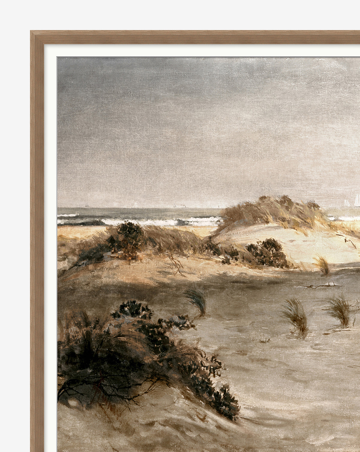 The framed giclee print Morning Sand Dune features a sandy coastal landscape with low dunes, scattered shrubs, a calm sea, and a cloudy sky—ideal for beach scene art lovers.