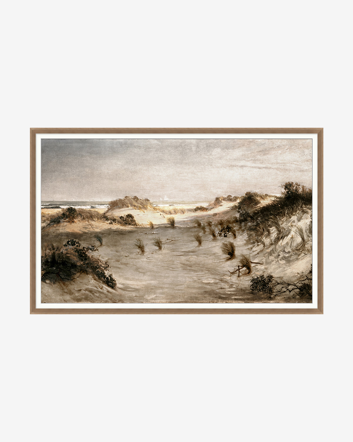 The framed Morning Sand Dune art showcases a tranquil coastal landscape with sandy dunes, sparse vegetation, and a cloudy sky for a peaceful, natural ambiance.