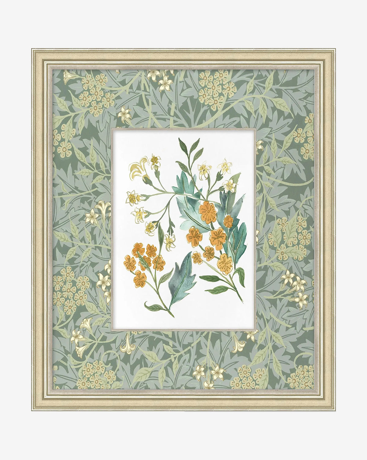 Morris Icon II is a gallery-quality botanical art print with yellow and orange flowers, green leaves, and a green floral patterned mat. Presented in a light classic frame, it adds traditional elegance to your wall, by McGee & Co.