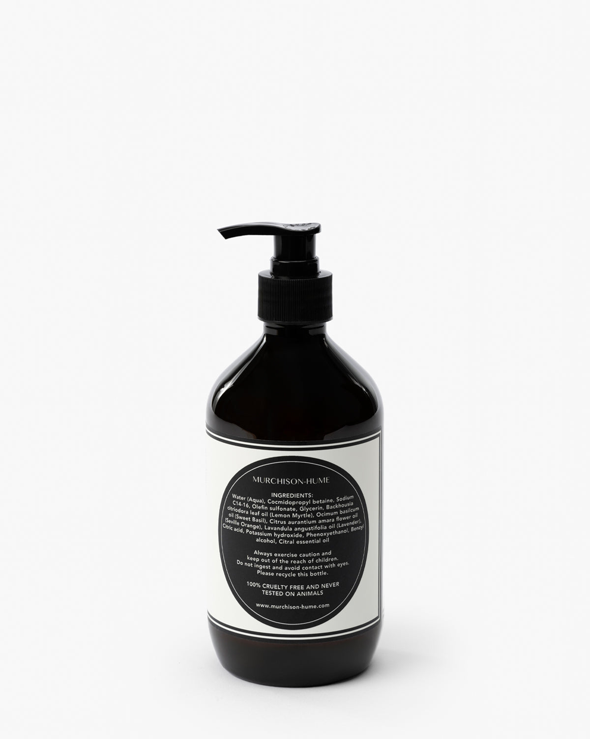 A dark amber Murchison-Hume Hand Soap bottle with a black pump and white label listing ingredients like shea butter in black text stands upright against a plain white background.