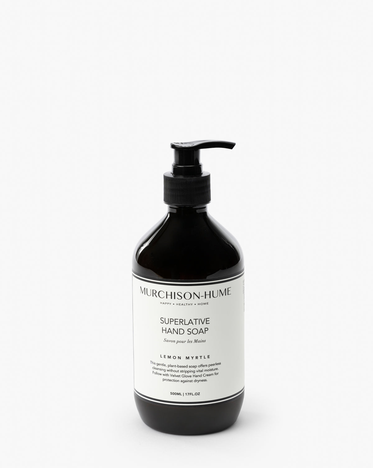 A dark amber pump bottle of Murchison-Hume Hand Soap with a white label and black text, featuring the Lemon Myrtle scent and chamomile, stands upright against a plain white background.
