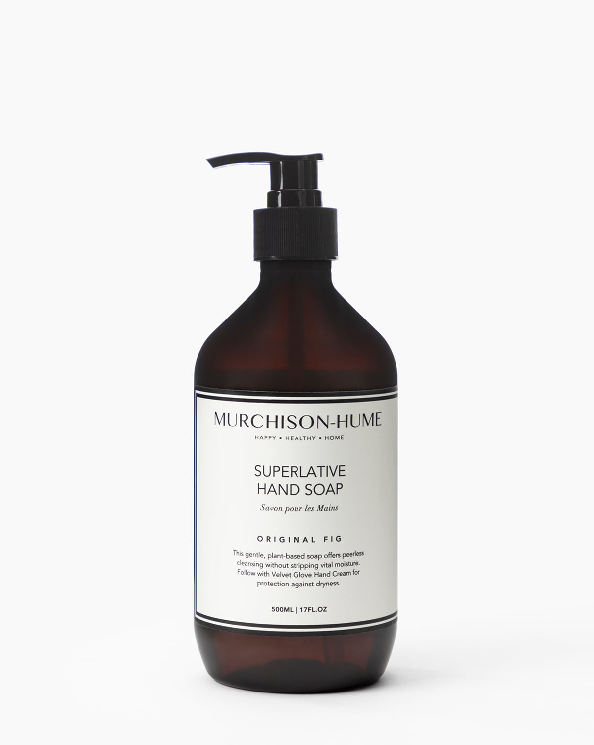 A 500 ml dark amber pump bottle of Murchison-Hume Hand Soap in Original Fig, enriched with chamomile, features a stylish black and white label against a plain white background.