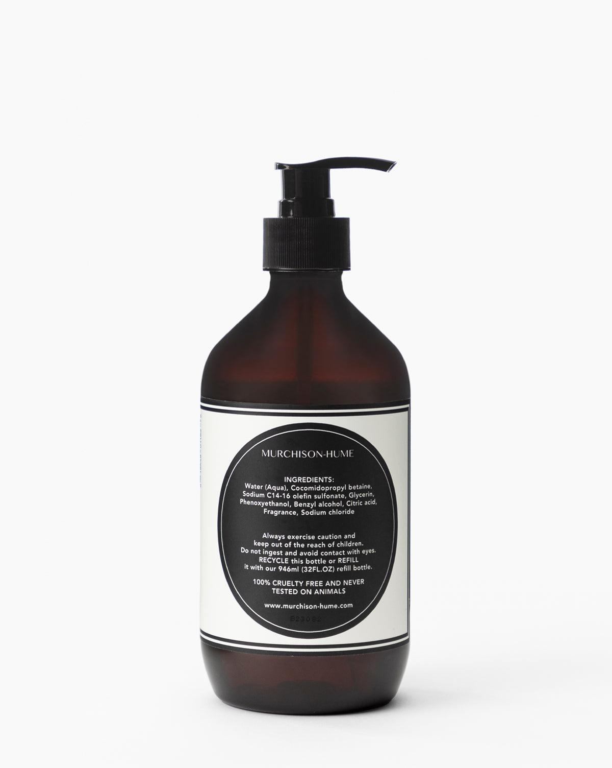 A brown pump bottle of Murchison-Hume Hand Soap with a white and black label lists chamomile and shea butter among its ingredients, presenting an elegant appearance against a plain white background.
