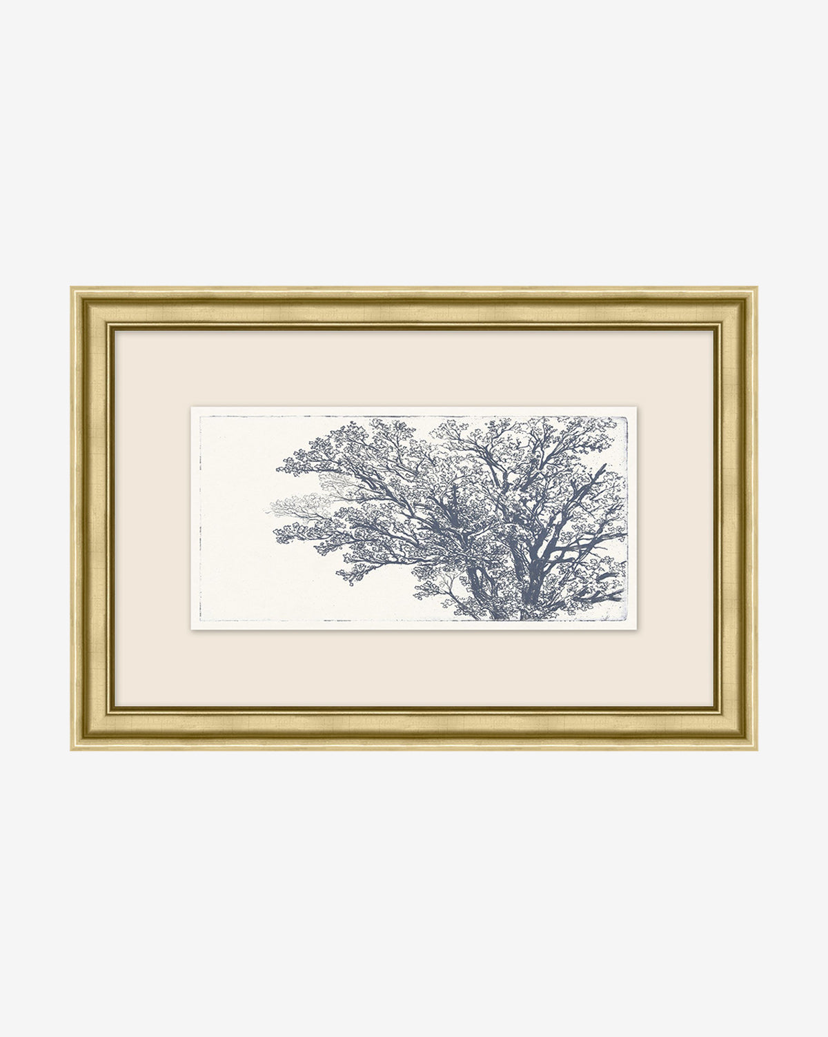 Muted Dreams No. 11: Framed artwork showcasing a detailed black and white tree sketch on matte paper, set in a gold and cream double mat with a gold-finished frame.