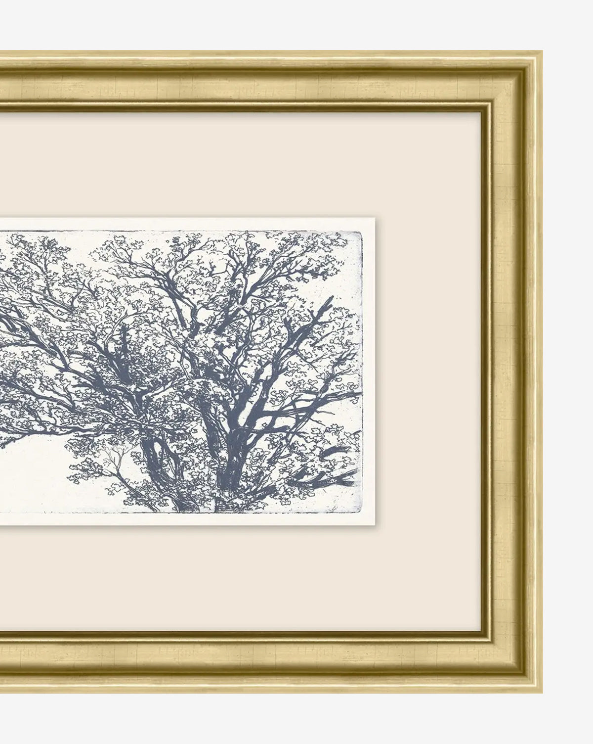 A close-up of the gold-finished frame for Muted Dreams No. 11 shows part of the giclee print: a detailed black-and-white tree illustration set against a cream mat, with only part of the frame and artwork visible.
