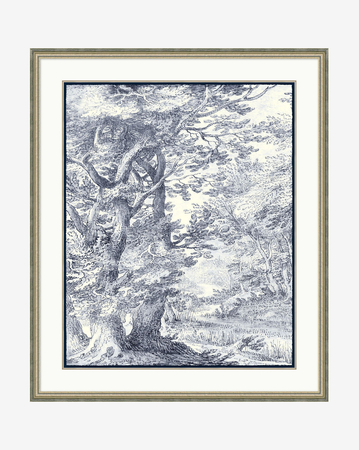 Navy Toile No. 1 features a black and white sketch of a dense forest with tall, textured trees and leafy branches, set in a gold frame with white mat and dark inner border, as a giclee print on premium watercolor paper, by McGee & Co.