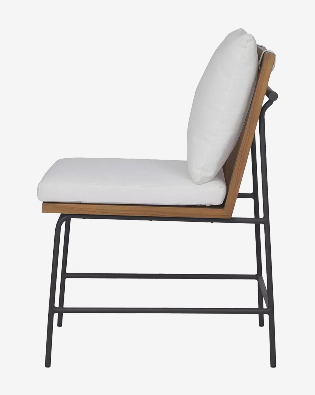 Side view of the Neal Outdoor Dining Chair featuring a black metal frame, teak accents, and performance fabric seat cushions, shown against a plain white background, by McGee & Co.
