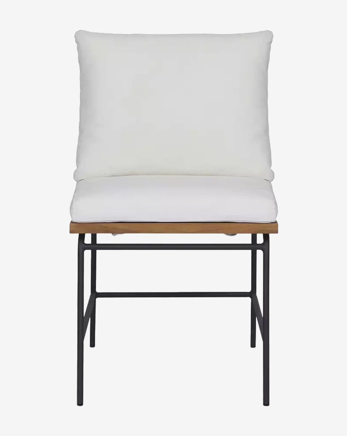 The Neal Outdoor Dining Chair features a black iron frame, teak seat base, and white performance fabric cushions on both the seat and backrest, displayed against a plain white background by McGee & Co.