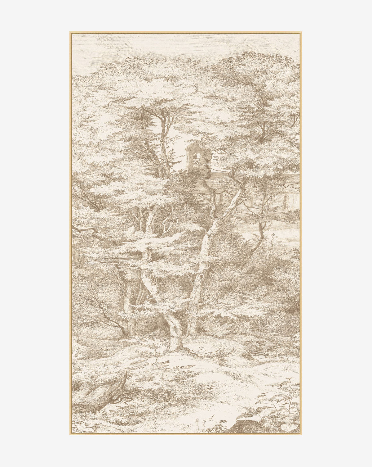 Neutral Toile No. 1 features a sepia illustration of a dense forest with tall trees and rocky terrain, printed as a gallery-quality giclee on canvas to evoke a serene, natural landscape with subtle background details, by McGee & Co.