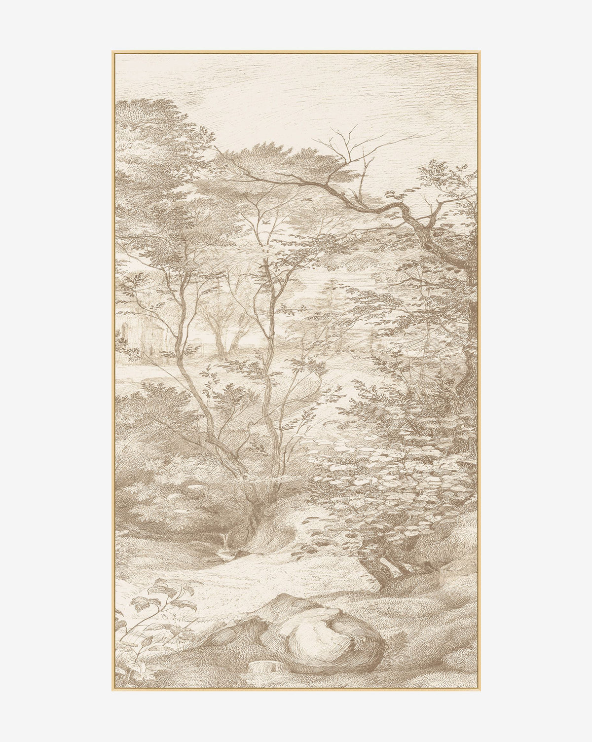 Neutral Toile No. 2 features a sepia-toned sketch of wooded hills, tall trees, and leafy shrubs—an elegant design ideal as gallery-quality canvas art for any space, by McGee & Co.