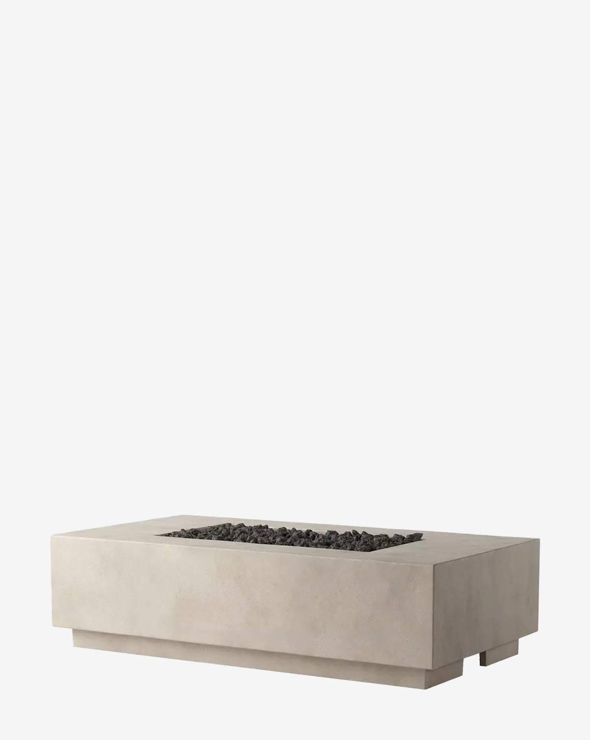 The Newberry Outdoor Fire Table is a rectangular, modern fire pit featuring a recessed center with dark rocks, shown on a plain white background—ideal for creating cozy evenings in your backyard, by McGee & Co.