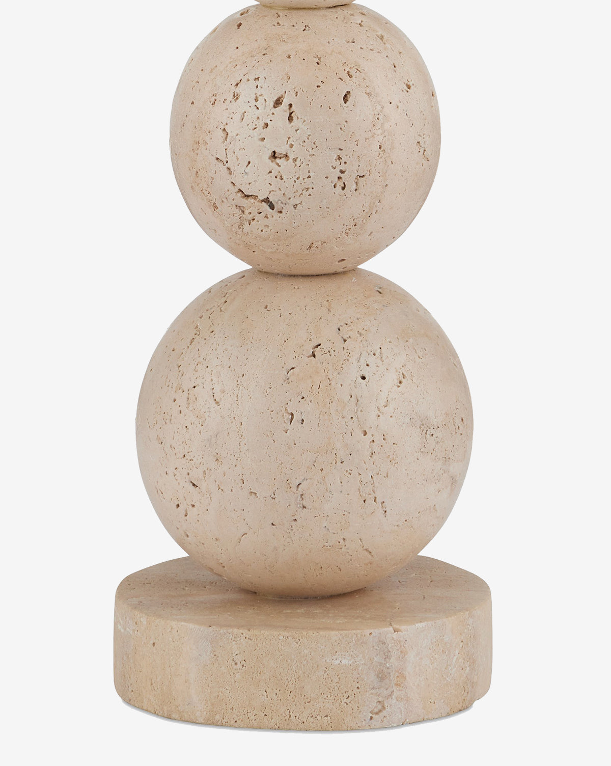 The Niobe Table Lamp features a sculptural beige stone base with two stacked spheres on a round, flat base. Its textured surface with natural pores and patterns is ideal for use with a flax linen shade or as a travertine-inspired accent, by McGee & Co.