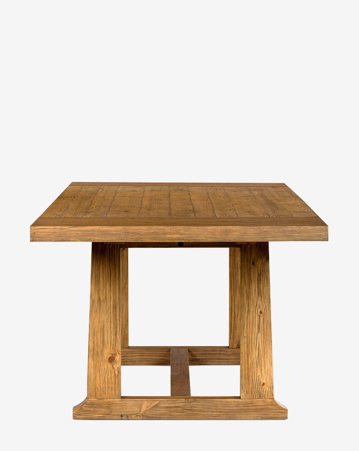 The Niran Extension Dining Table is a square farmhouse table with a thick solid pine tabletop and sturdy base, finished in a natural rustic stain. Shown from the front against a plain white background by McGee & Co.