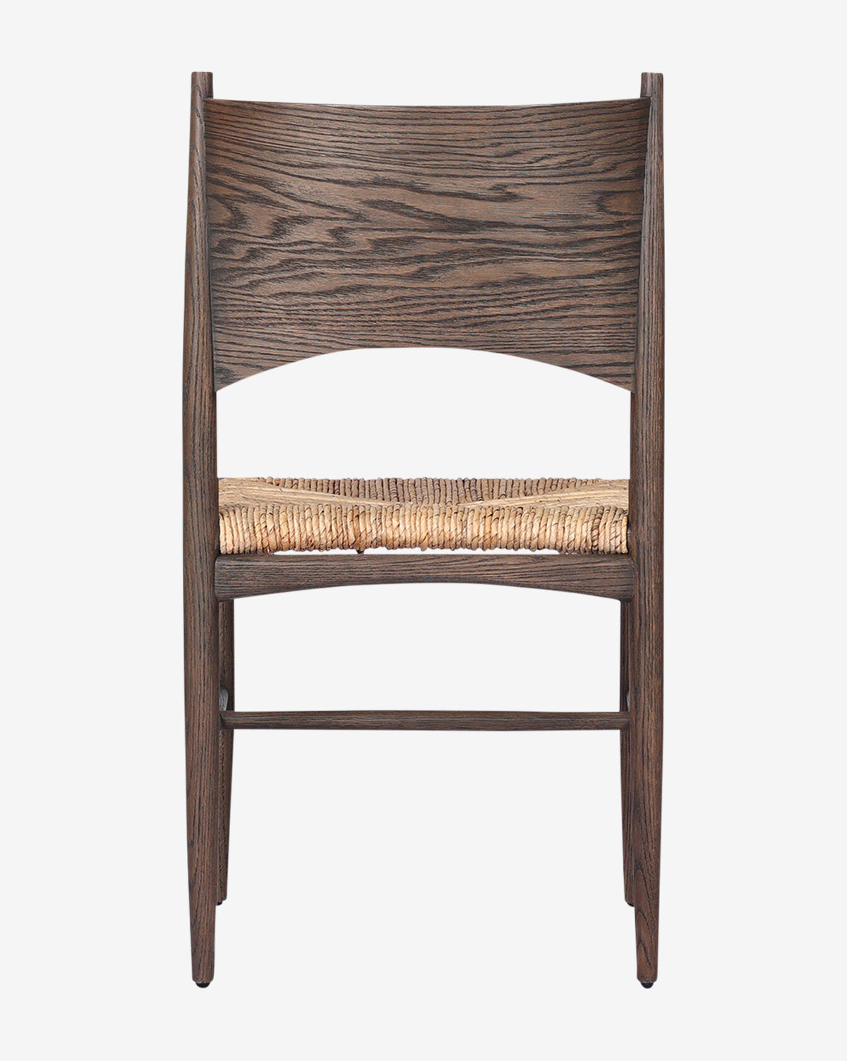 Front view of the Nixie Dining Chair, crafted from solid oak with a dark-stained frame and woven banana leaf seat, showcasing modern lines and an arched backrest against a plain white background, by McGee & Co.