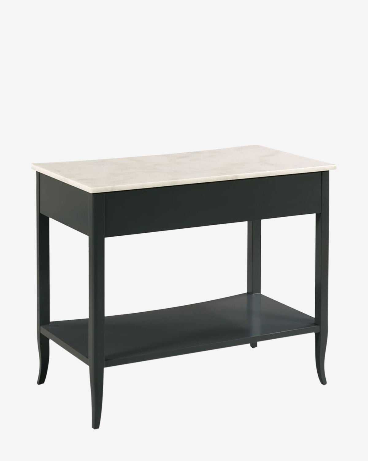 The Noely Nightstand features a rectangular design with a light wood top, black legs, a roomy drawer, lower shelf, and gently curved feet, all shown against a plain white background by McGee & Co.