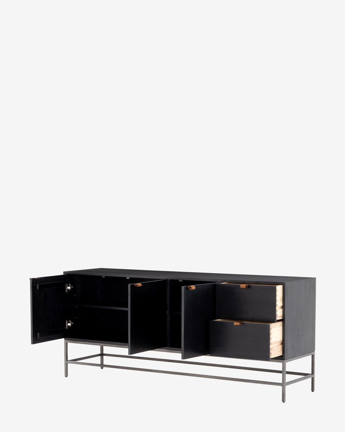 The Noland Sideboard is a modern piece with a metal base, featuring two cabinets with doors on the left and two half-open drawers on the right, all revealing light wood interiors for concealed storage, by McGee & Co.