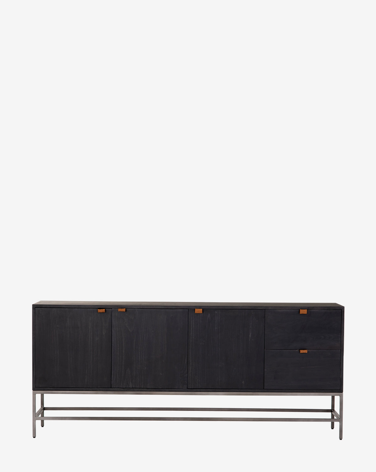 The Noland Sideboard is a modern black sideboard with four doors, two drawers, small rectangular wooden handles, and metal legs, offering hidden storage, by McGee & Co. It is displayed against a plain white background.