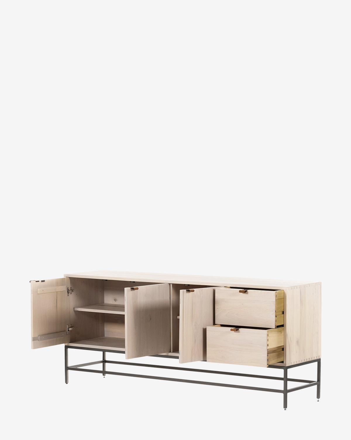 The Noland Sideboard is a modern piece featuring light wood, black metal legs, hidden storage, two open cabinet doors with shelves left, two drawers right—all shown against a plain white background by McGee & Co.