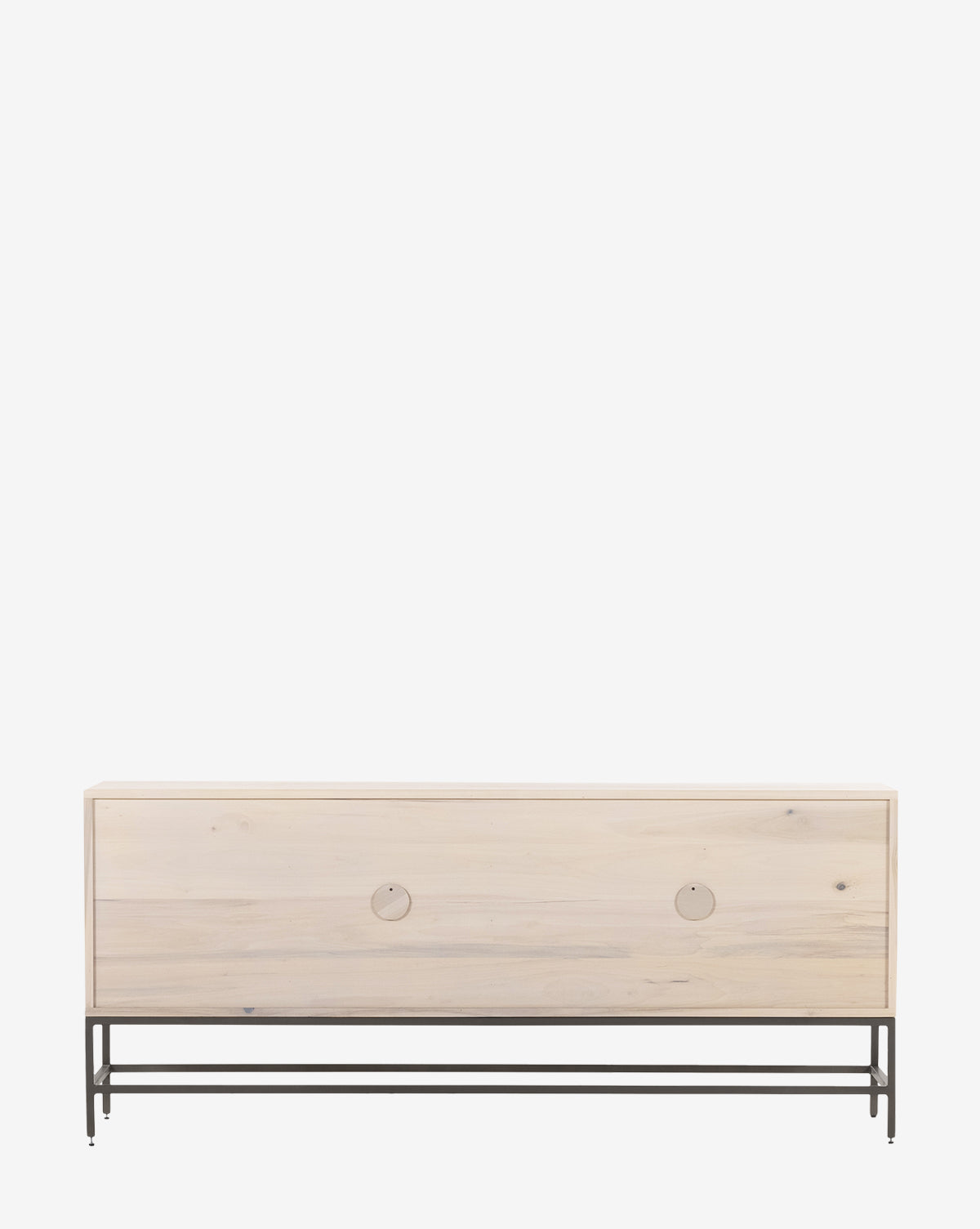 The Noland Sideboard features a minimalist design with two round handles, hidden storage, and black metal legs on a white background by McGee & Co.