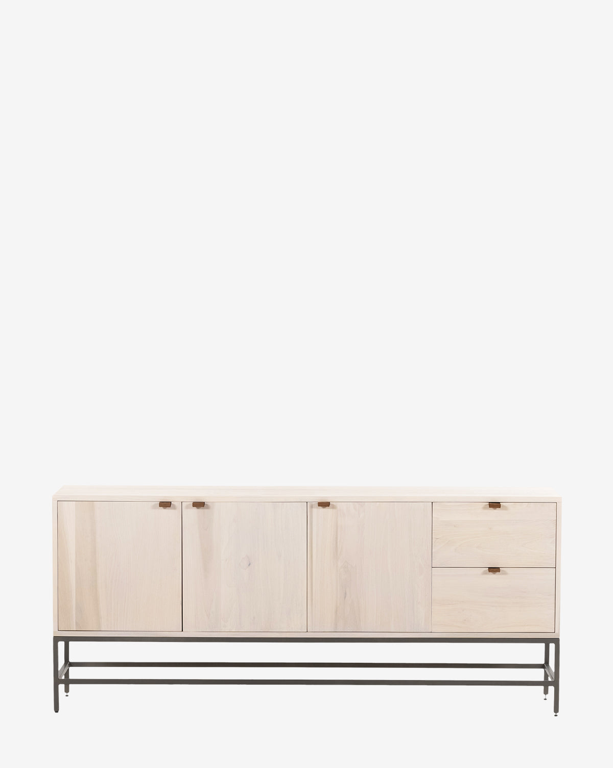 The Noland Sideboard features two left cabinet doors, two right drawers, and a minimalist black metal base—an ideal modern storage piece for your living space against a plain white background, by McGee & Co.