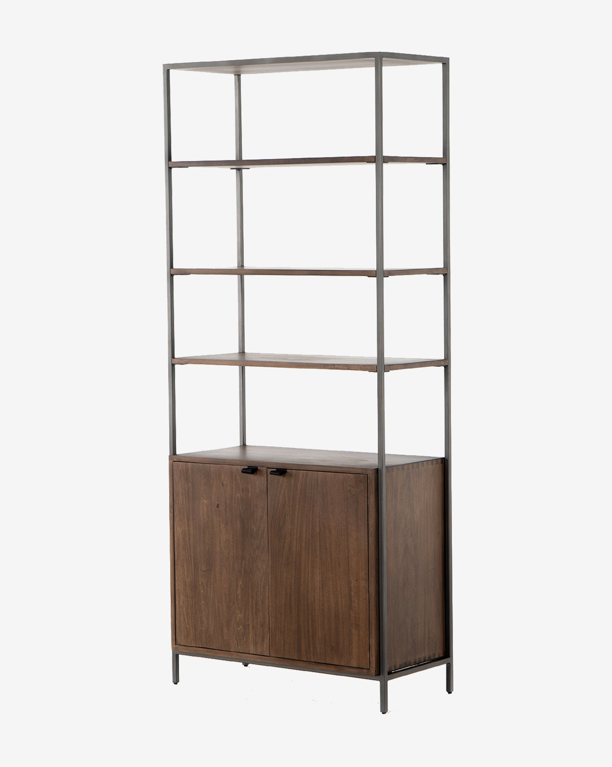 The Noland Wide Bookshelf features a black iron frame, four open shelves, and a two-door wooden cabinet at the bottom. Its minimalist contemporary design offers stylish storage for any modern space, by McGee & Co.