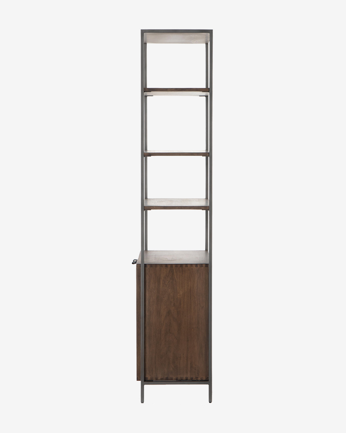The Noland Wide Bookshelf, shown against a plain white background, features a black iron frame, three open wooden shelves, and a closed cabinet at the bottom, by McGee & Co.