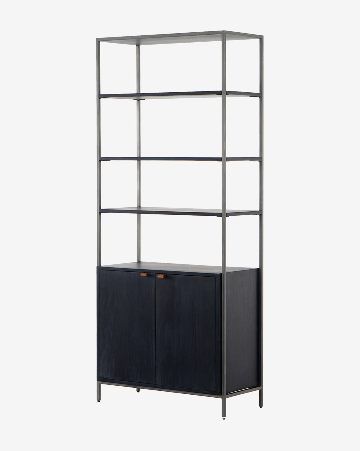 The Noland Wide Bookshelf features a tall, modern design with a sleek metal frame, four open shelves, and a two-door dark wood cabinet at the base—perfect as a minimalist iron bookshelf for contemporary spaces, by McGee & Co.
