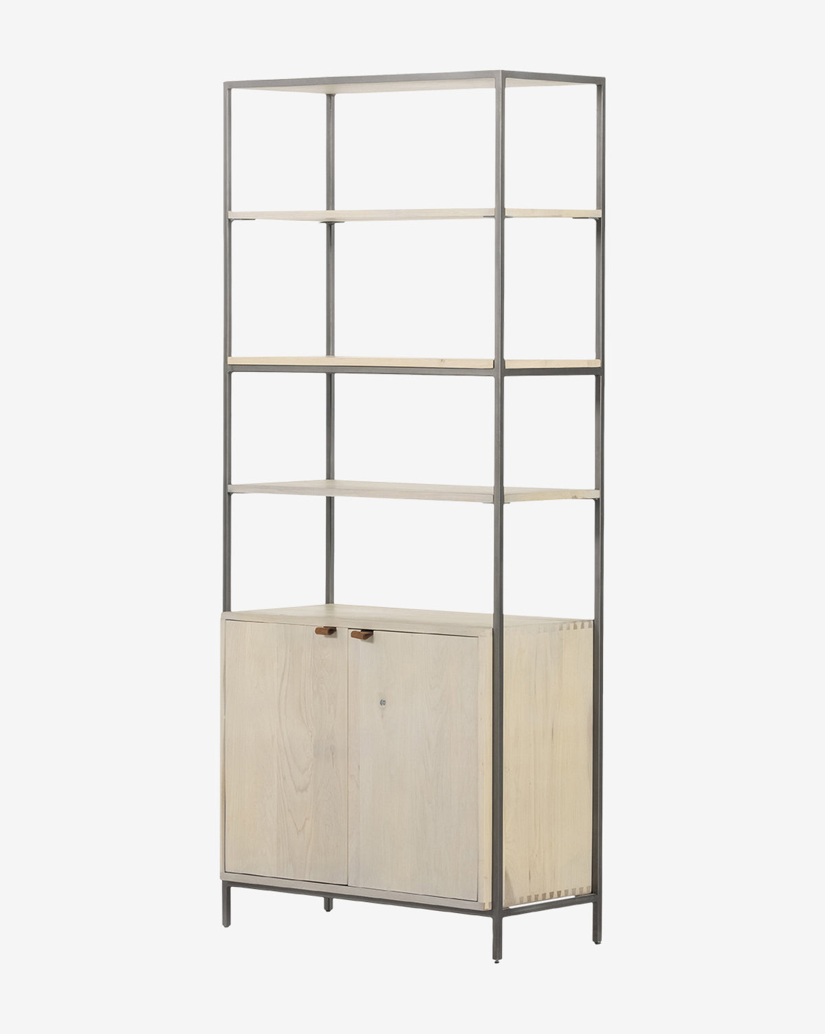 The Noland Wide Bookshelf features a sturdy iron frame, four open wooden shelves, and a two-door cabinet. With light wood and clean lines, its minimalist design suits contemporary spaces perfectly, by McGee & Co.