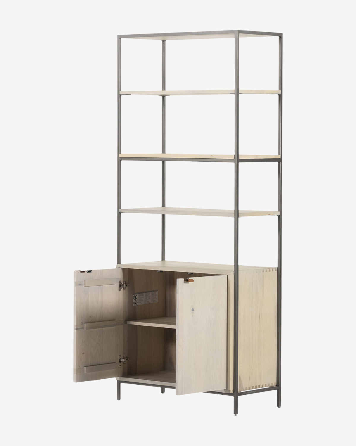 The Noland Wide Bookshelf boasts a sturdy metal frame, four open shelves, and a wooden cabinet with two doors. Inside the cabinet, an interior shelf provides extra storage, making it perfect for modern spaces by McGee & Co.