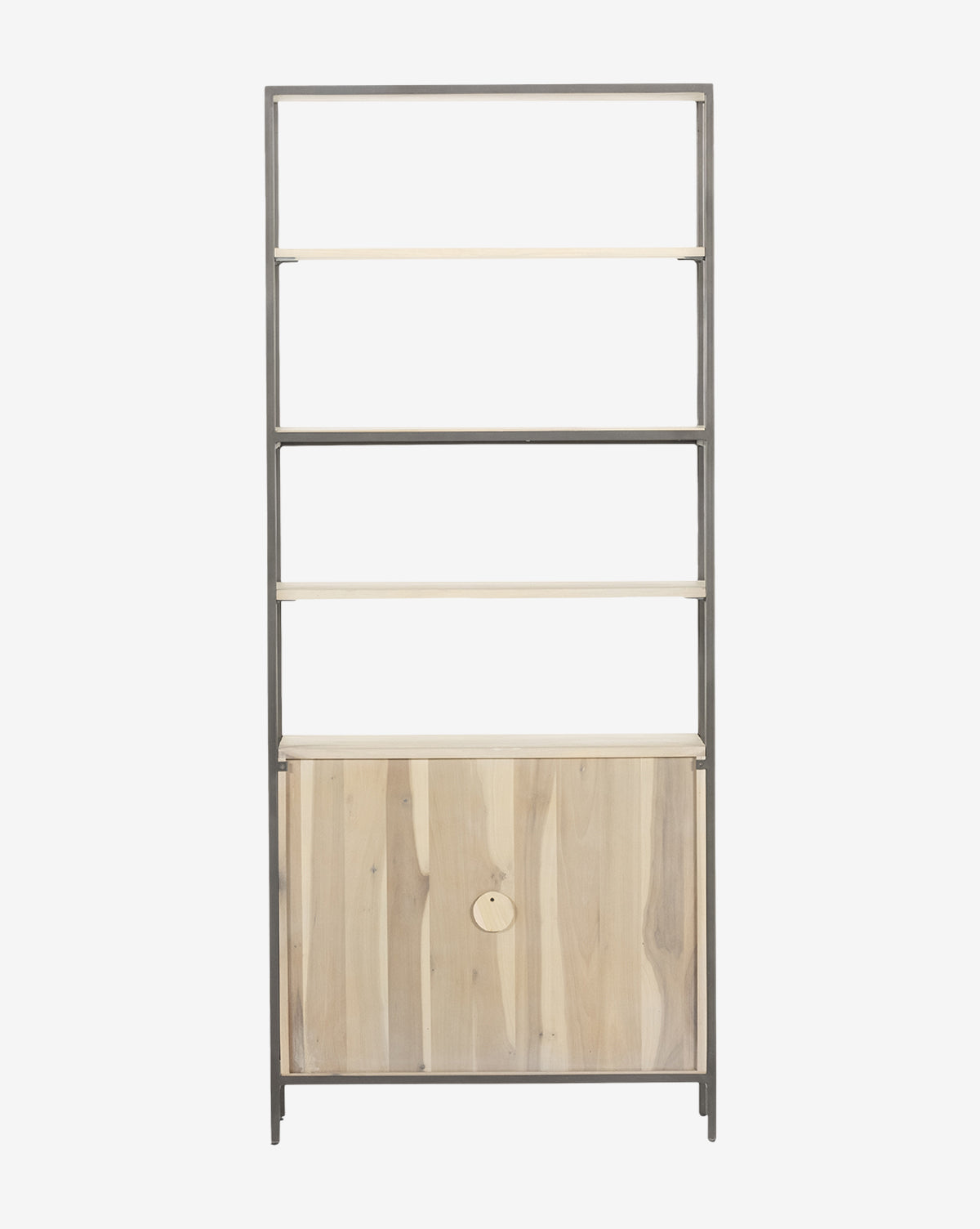 The Noland Wide Bookshelf features a tall, modern design with a sturdy iron frame, three open light wood shelves, and a closed cabinet at the bottom with a round wooden handle, by McGee & Co.