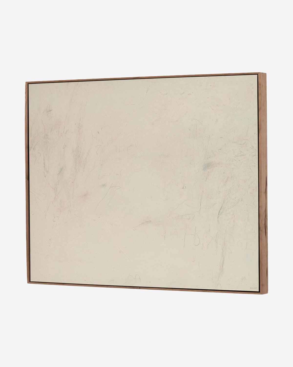 Notes in the Fog No. 1 by Tyler Guinn is a calming minimalist abstract wall art with an off-white textured surface, faint lines, subtle pale colors, and is elegantly framed in a simple wooden frame, by McGee & Co.