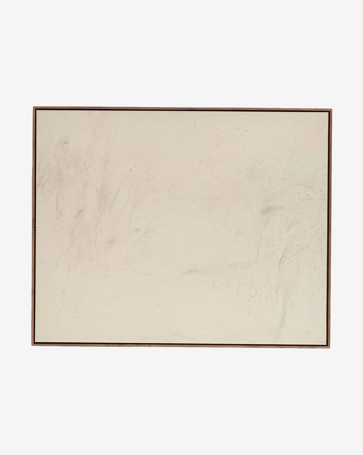 Notes in the Fog No. 1 by Tyler Guinn is a minimalist abstract wall art piece featuring a mostly off-white canvas with faint sketch marks and subtle pale colors, set within a thin dark frame, by McGee & Co.