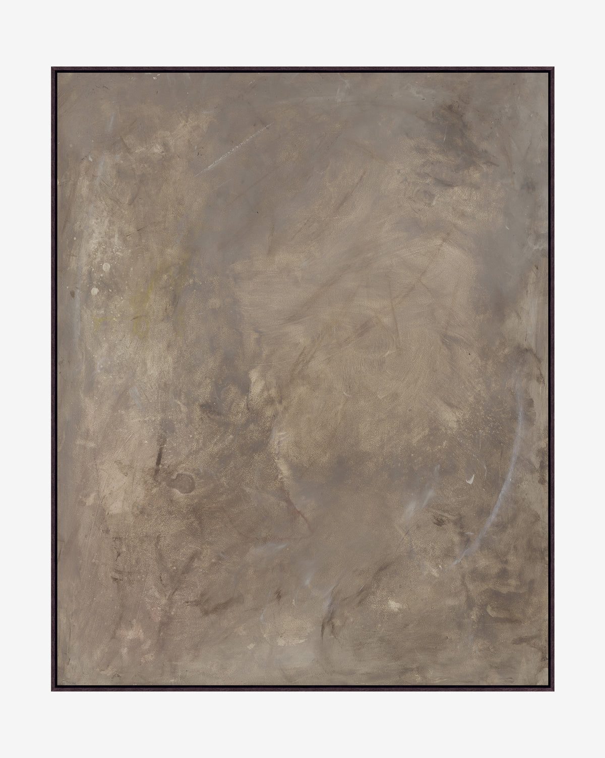 The Nouveau Sepia Abstract is a square giclee print with textured surface in brown and taupe, subtle swirls and light marks, elegantly framed by a thin dark border on gallery-wrapped canvas.