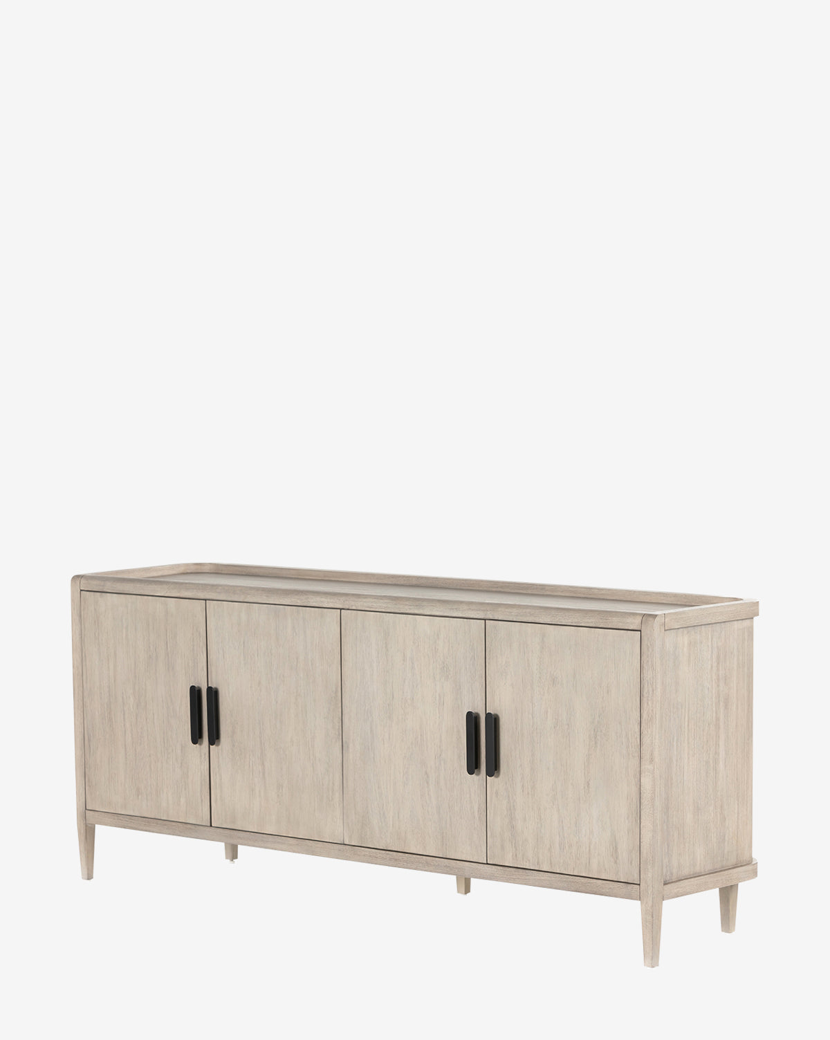 The Nyx Sideboard features four doors with black handles, minimalist legs, and adjustable shelves in a modern rectangular design, all crafted from solid mahogany. Its contemporary style pops against a clean white background, by McGee & Co.