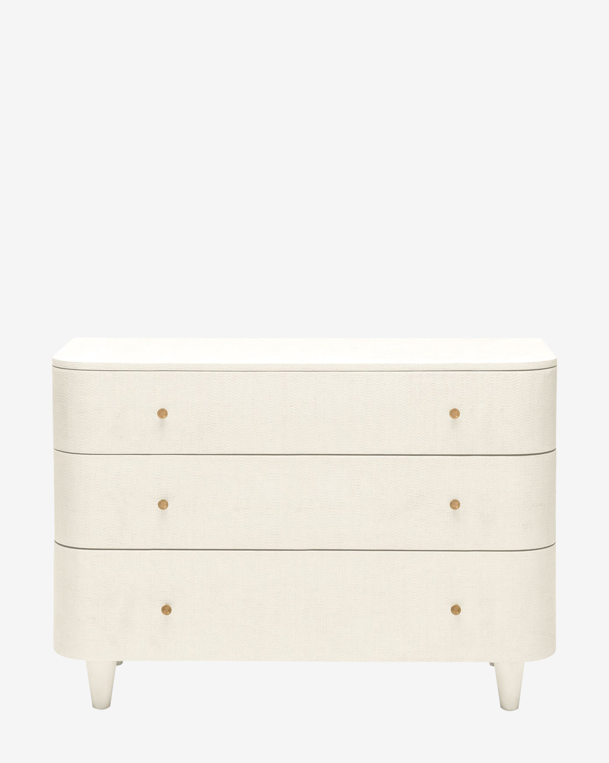 The Olinda Dresser features a modern white finish, three drawers, rounded edges, and small brass knobs—ideal for chic bedroom styling—shown here against a plain white background by McGee & Co.