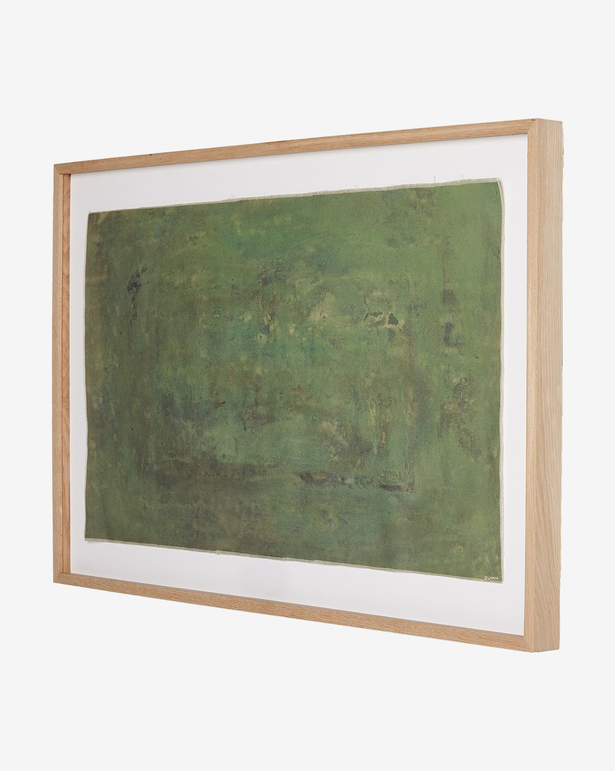 Carrying the Olive Branch No. 2 by Tyler Guinn: a framed abstract painting with textured green shades in a light wooden frame, ideal for fans of raw canvas decor and modern art.