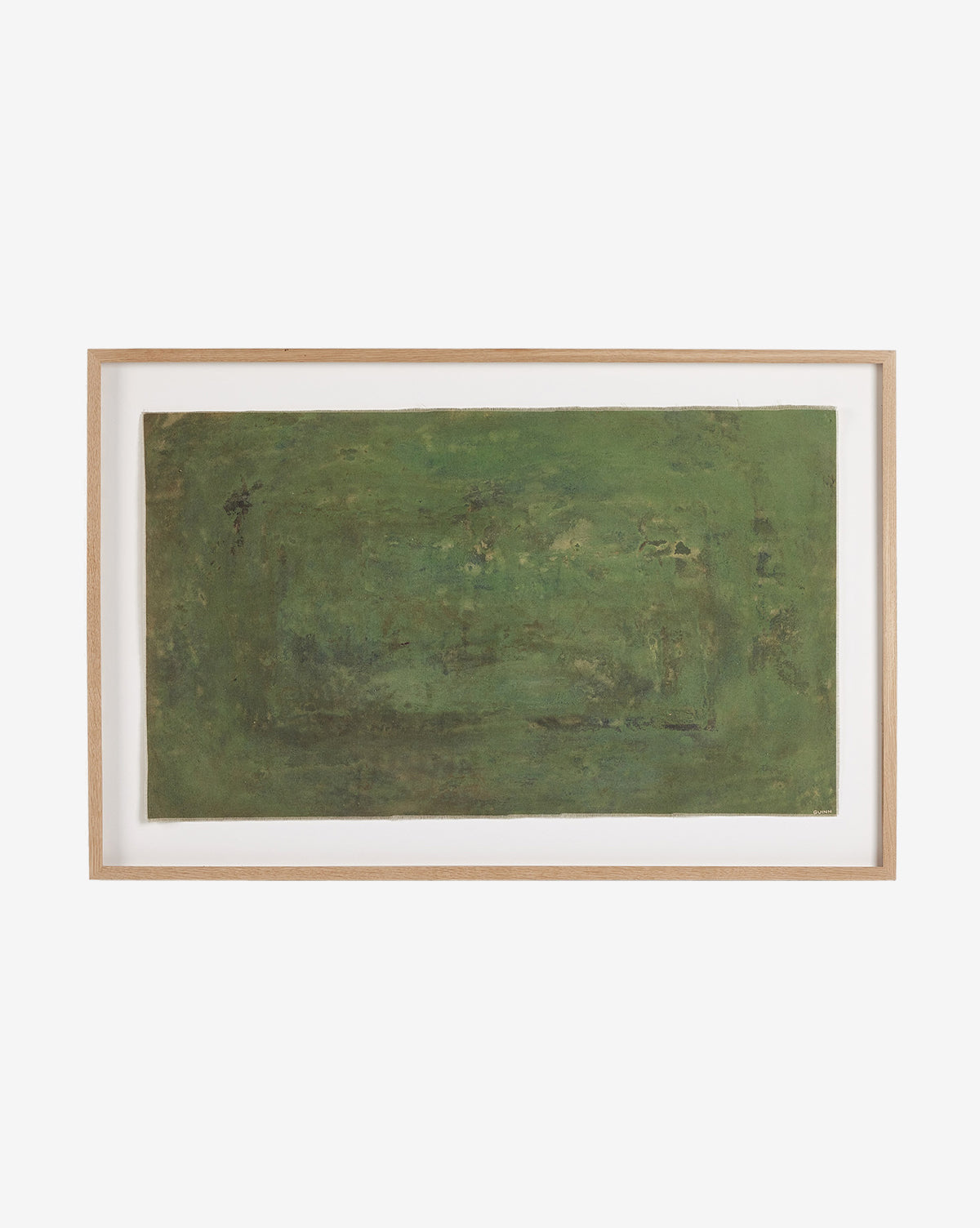 Carrying the Olive Branch No. 2 by Tyler Guinn is a framed abstract painting featuring a textured green rectangle on a white background, set in a light wooden frame—ideal for fans of raw canvas decor.