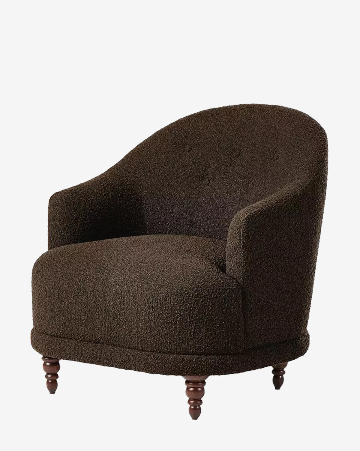The Olivette Slipper Chair features dark brown textured fabric, a rounded silhouette, button-accented backrest, and four short turned wooden legs for a cozy twist on traditional modern design, by McGee & Co.