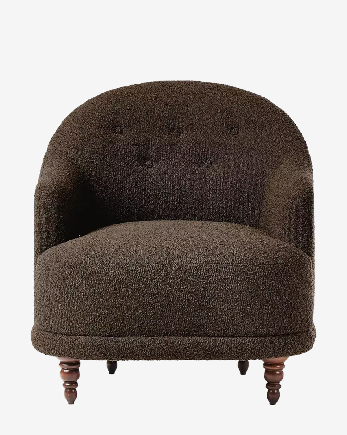 The Olivette Slipper Chair features dark brown velvet upholstery, a rounded back with button tufting, and short turned wooden legs, offering a refined modern-traditional look against a plain white background by McGee & Co.