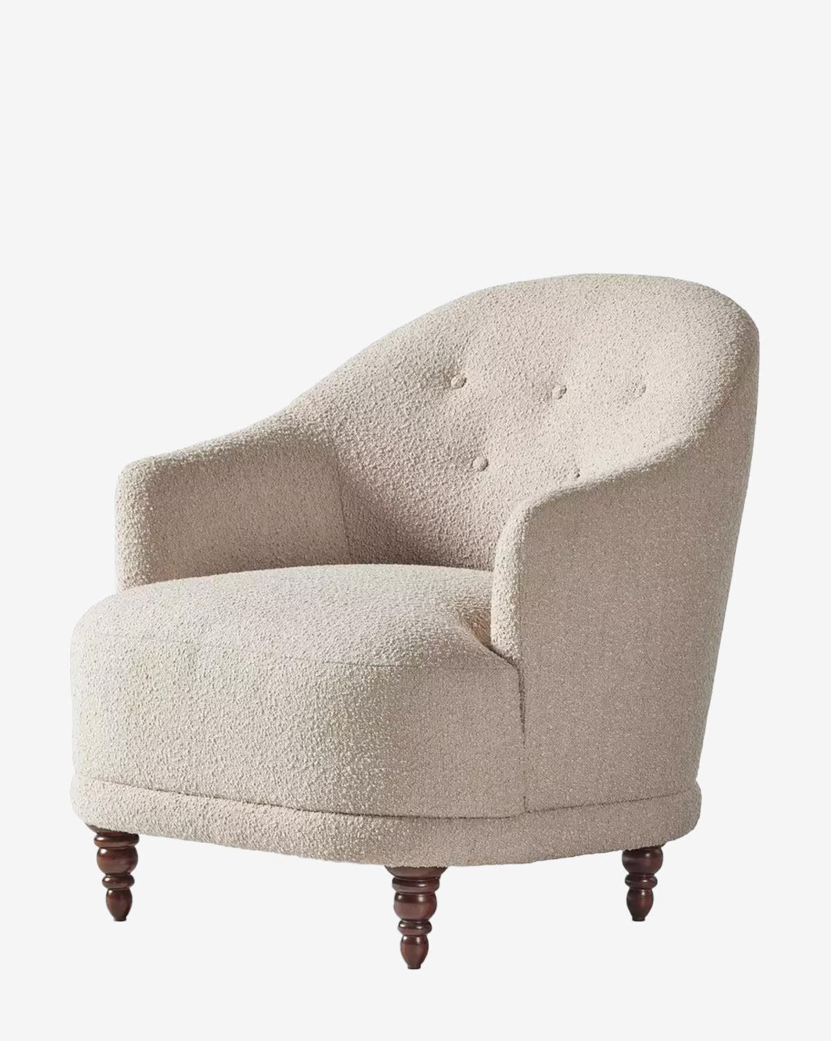 The Olivette Slipper Chair features light beige velvet upholstery, a curved back with button tufting, and round wooden legs, offering timeless elegance against a plain white background, by McGee & Co.
