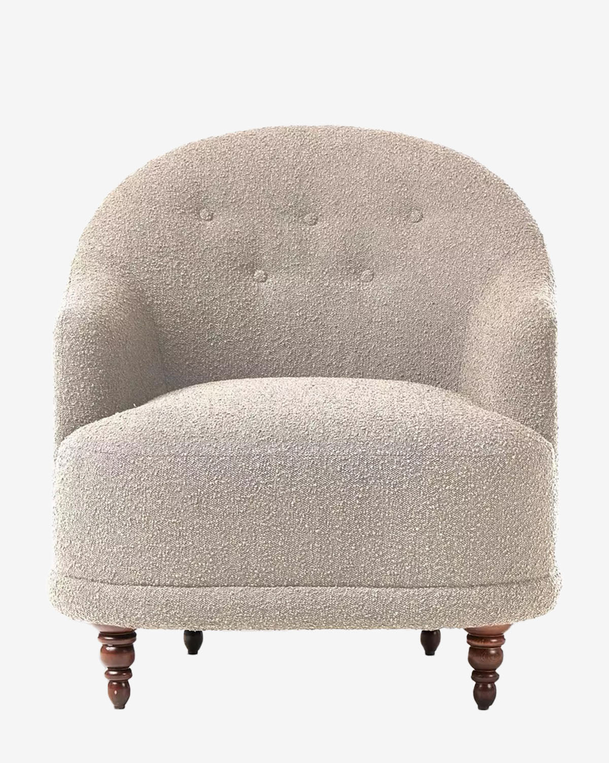 The Olivette Slipper Chair features light beige boucle upholstery, a rounded back with subtle button tufting, and four short wooden legs. Shown front-facing on a white background, this chair offers traditional comfort with modern style by McGee & Co.