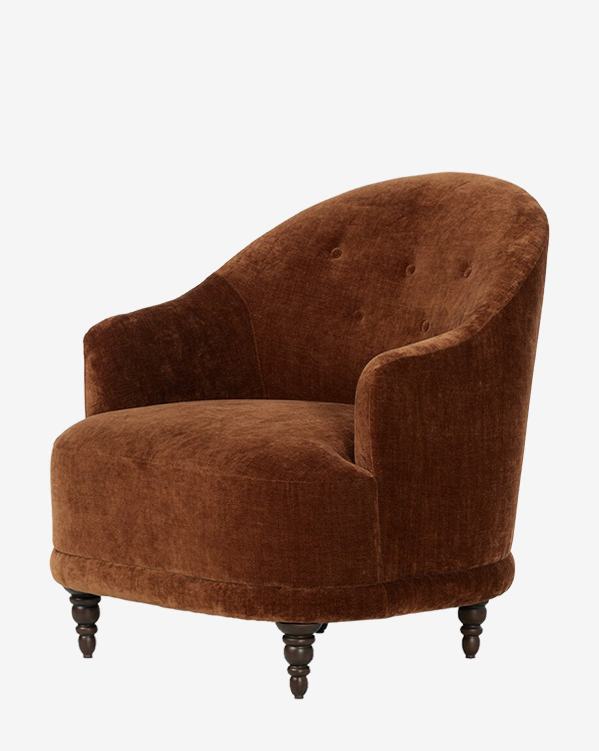The Olivette Slipper Chair is a plush, brown velvet accent chair with a rounded back, tufted buttons, curved arms, and dark wooden legs shown on a white background by McGee & Co.