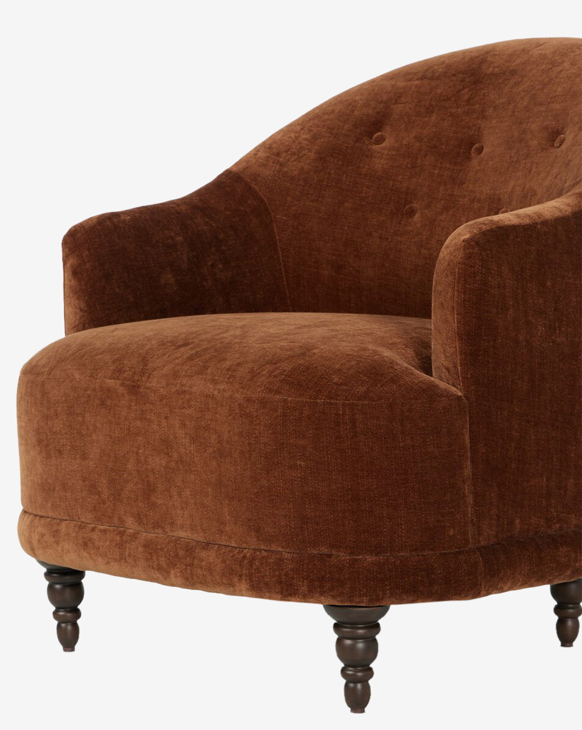 The Olivette Slipper Chair features a plush brown velvet seat, curved back with button tufting, rounded arms, and dark wooden turned legs for a stylish traditional-modern look, by McGee & Co.