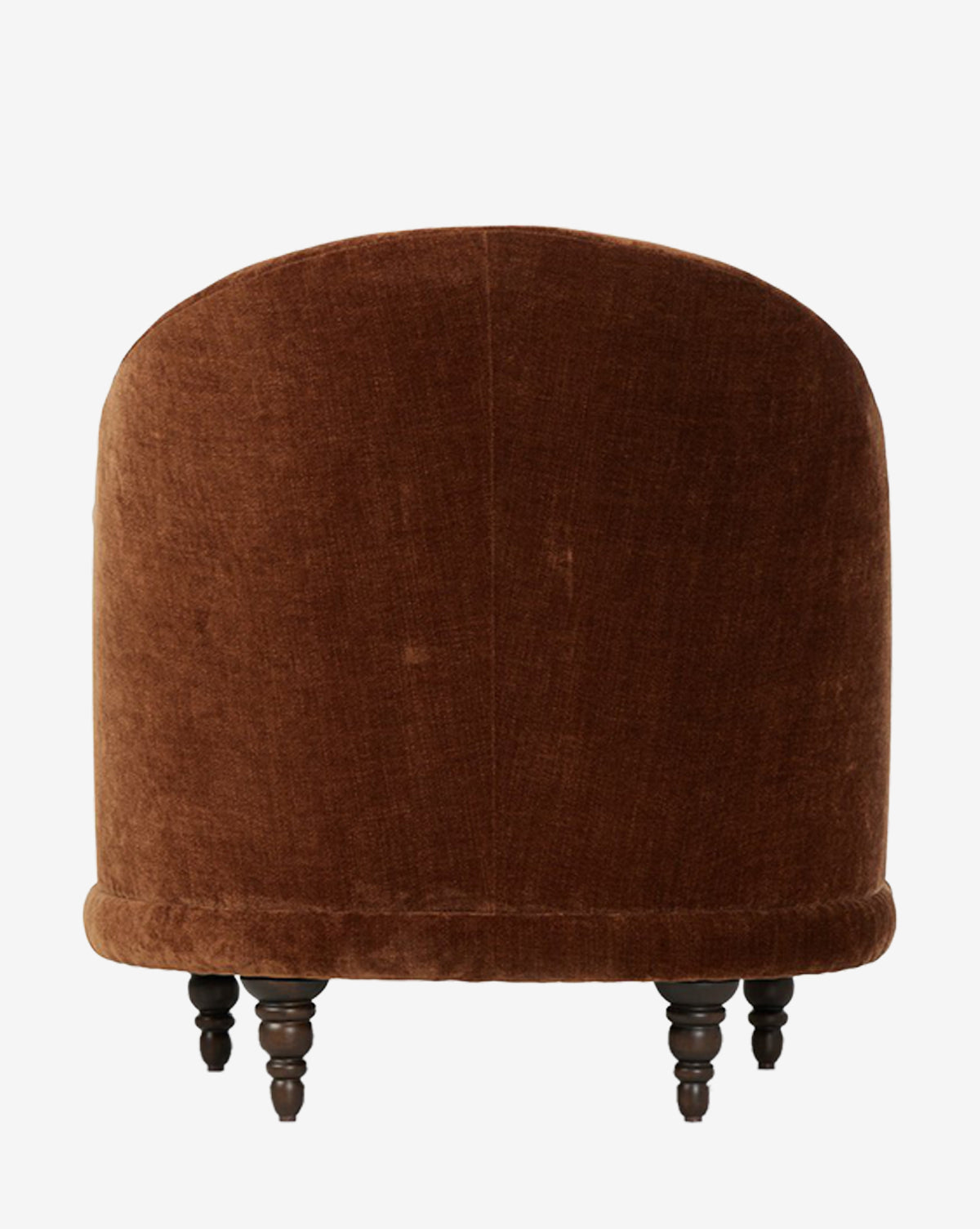 The Olivette Slipper Chair features brown velvet upholstery, a rounded back, and dark wooden legs. Shown from behind on a white background, this elegant accent chair combines timeless style with modern comfort by McGee & Co.
