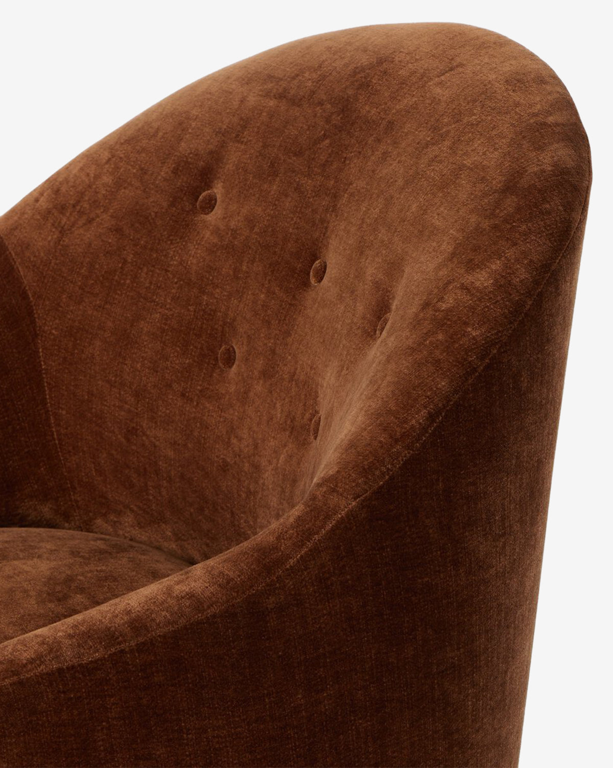 Close-up of the Olivette Slipper Chair, featuring plush velvet upholstery, a curved backrest, and three button-tufted accents. Its modern design combines comfort and style for any space, by McGee & Co.
