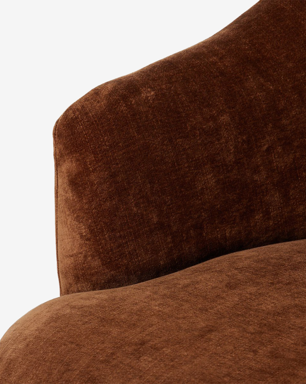 Close-up of the Olivette Slipper Chair displays its plush brown textured upholstery and supportive backrest against a white background—a versatile traditional modern chair for any room, by McGee & Co.