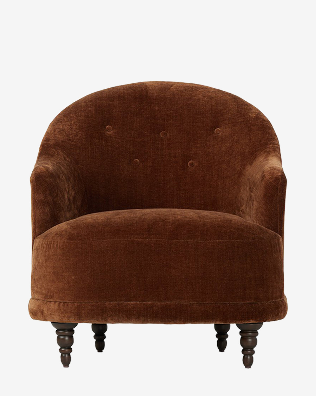 The Olivette Slipper Chair features plush brown velvet, a rounded backrest with button tufting, and dark wooden legs, blending traditional and modern style against a plain white background by McGee & Co.