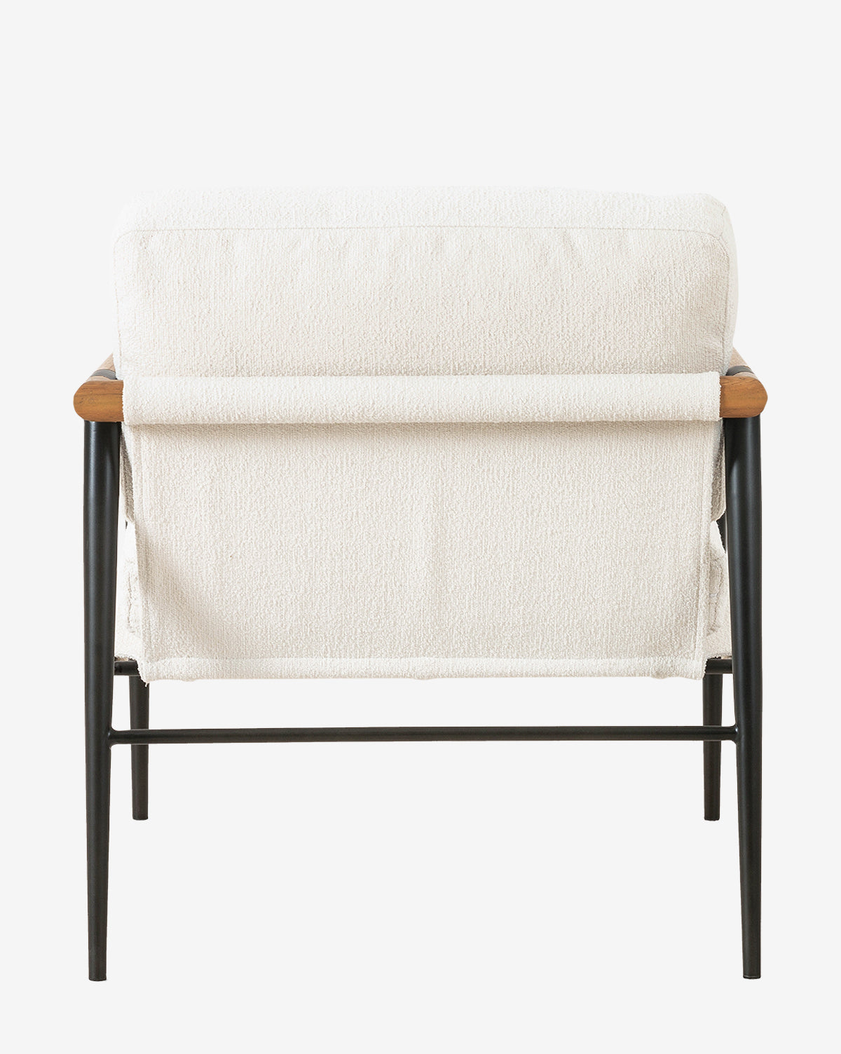 The Ona Lounge Chair features white upholstery, wooden armrests, and a black metal frame, shown from the back against a plain white background by McGee & Co.